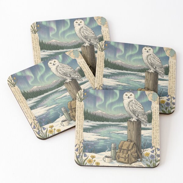 Item preview, Snowy owl watches auroras above frozen northern lake designed and sold by CoffeeinBloom.