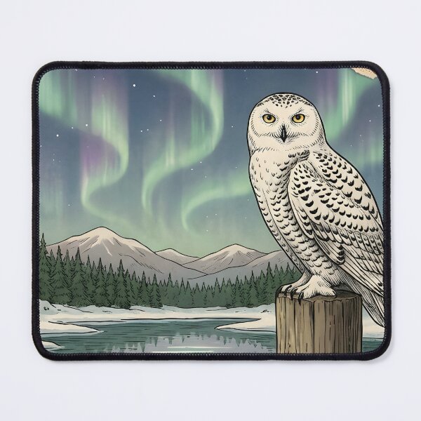 Item preview, Snowy owl watches auroras above frozen northern lake designed and sold by CoffeeinBloom.