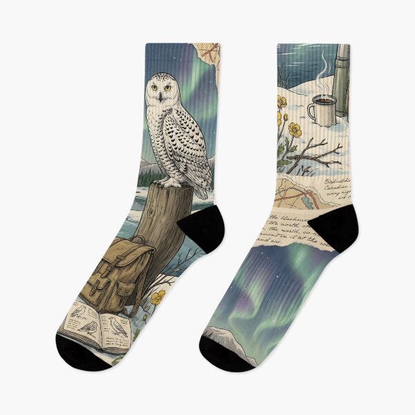 Item preview, Snowy owl watches auroras above frozen northern lake designed and sold by CoffeeinBloom.