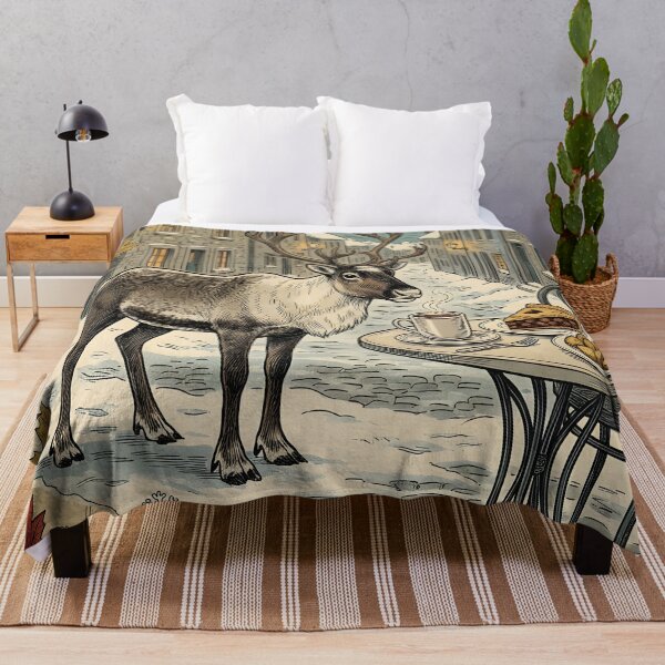 Item preview, Winter caribou crosses old street beside Lawrence River designed and sold by CoffeeinBloom.