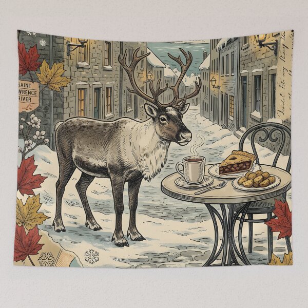 Item preview, Winter caribou crosses old street beside Lawrence River designed and sold by CoffeeinBloom.