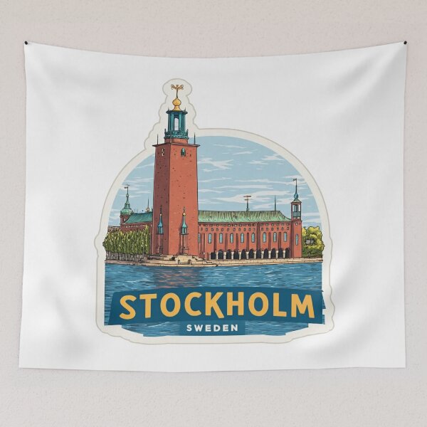 Item preview, tockholm Sweden City Hall Red Brick Waterfront Nordic Architecture Sticker designed and sold by Blurbean.