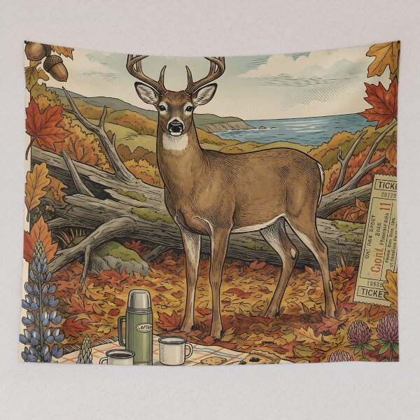 Item preview, Deer watches autumn picnic near Nova Scotia shores designed and sold by CoffeeinBloom.