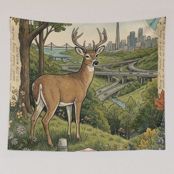 Item preview, Urban deer watches green picnic in Don Valley designed and sold by CoffeeinBloom.