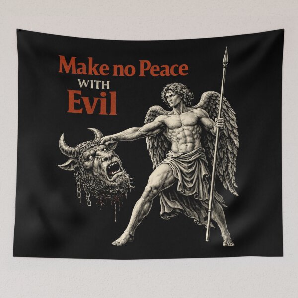Item preview, Make no Peace with Evil - Archangel Michael Destroying False gods in Christian Metal designed and sold by Blood Washed Apparel.