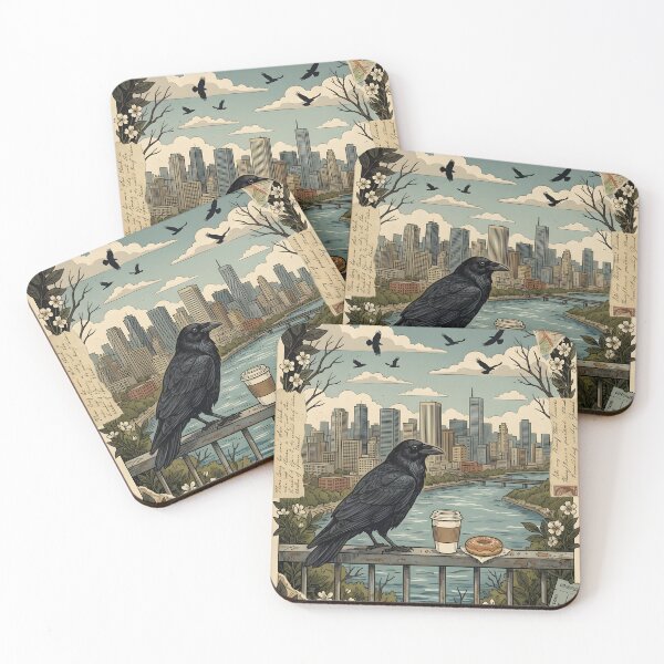 Item preview, Urban raven watches river and city at dawn designed and sold by CoffeeinBloom.