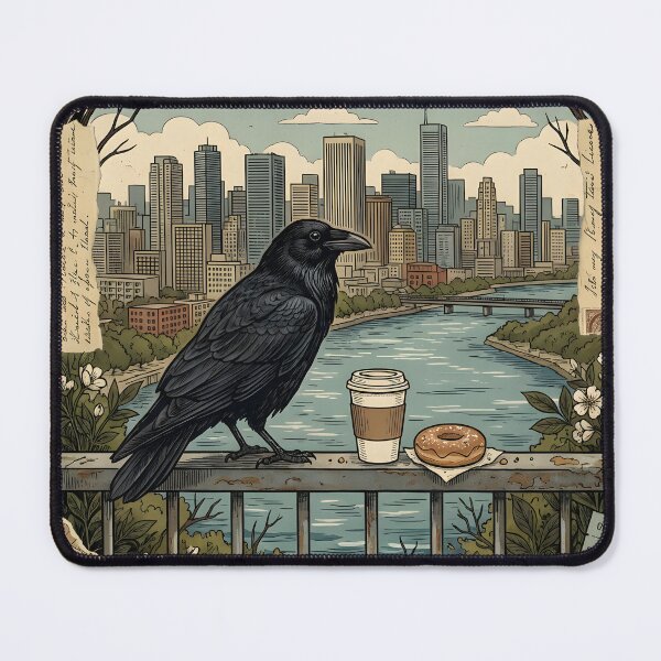 Item preview, Urban raven watches river and city at dawn designed and sold by CoffeeinBloom.