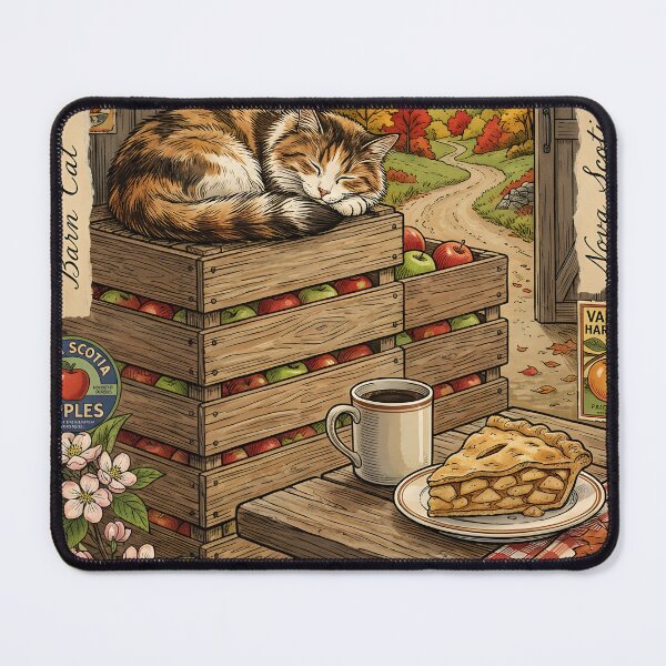 Item preview, Barn cat sleeps among apples during autumn NovaScotia designed and sold by CoffeeinBloom.