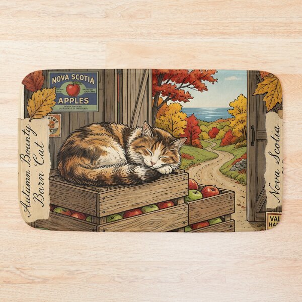 Item preview, Barn cat sleeps among apples during autumn NovaScotia designed and sold by CoffeeinBloom.