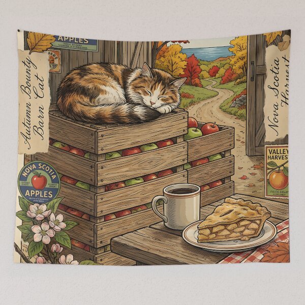 Item preview, Barn cat sleeps among apples during autumn NovaScotia designed and sold by CoffeeinBloom.