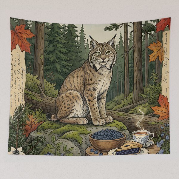 Item preview, Lynx watches wild breakfast among boreal forests designed and sold by CoffeeinBloom.