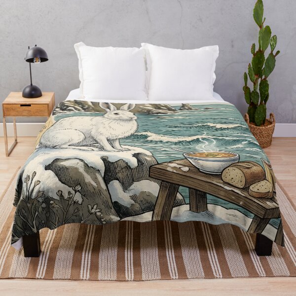 Item preview, Snow hare watches winter lighthouse by NovaScotia coast designed and sold by CoffeeinBloom.