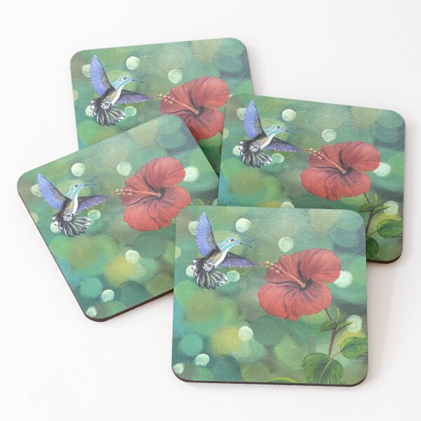 Item preview, Hummingbird hovering near a vibrant red hibiscus flower designed and sold by Selena Razuri.