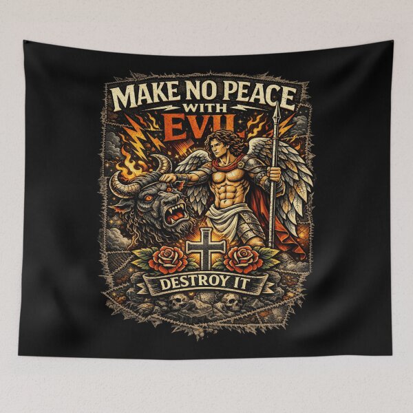 Item preview, Make no Peace with Evil - Archangel Michael Destroying Evil in Christian Grunge designed and sold by Blood Washed Apparel.