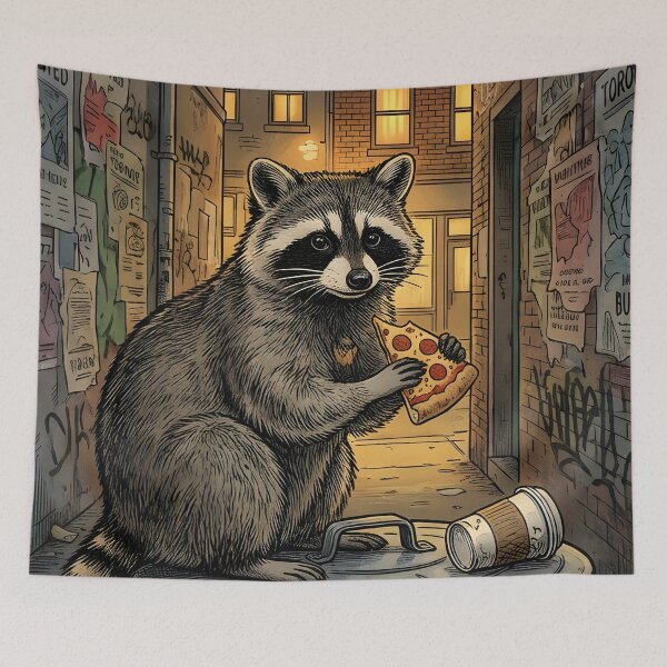 Item preview, Urban raccoon eats pizza beneath Toronto city lights designed and sold by CoffeeinBloom.