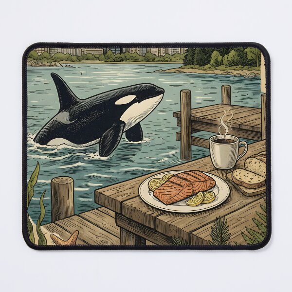 Item preview, Orca surfaces by dock warm breakfast Vancouver coast designed and sold by CoffeeinBloom.