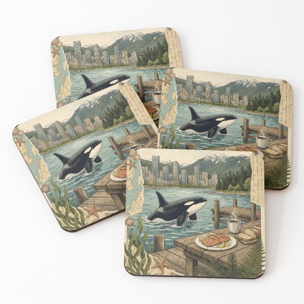 Item preview, Orca surfaces by dock warm breakfast Vancouver coast designed and sold by CoffeeinBloom.