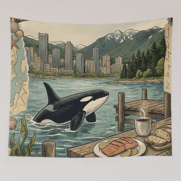 Item preview, Orca surfaces by dock warm breakfast Vancouver coast designed and sold by CoffeeinBloom.