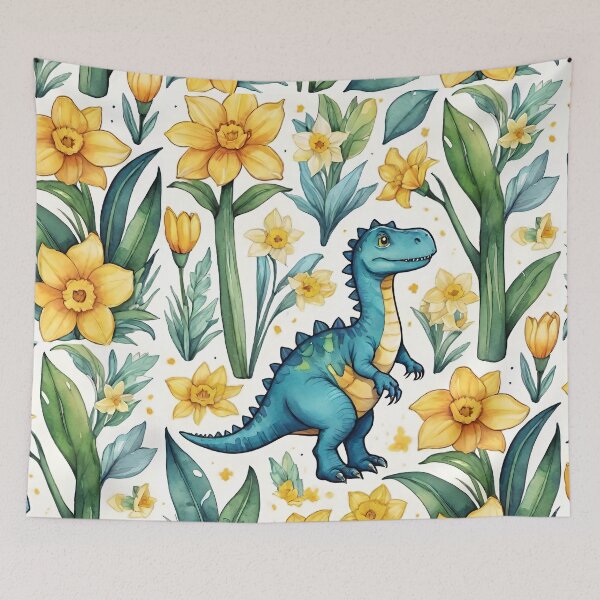 Item preview, Cute Dinosaur with Daffodils Art Print | Whimsical Floral Dino Illustration designed and sold by FrictionMaxxing.