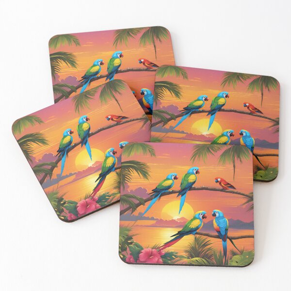 Item preview, Colorful Tropical Parrots at Sunset Shore designed and sold by CASASIS_MERCH.