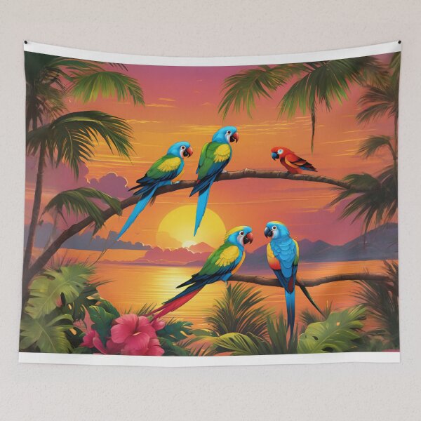Item preview, Colorful Tropical Parrots at Sunset Shore designed and sold by CASASIS_MERCH.