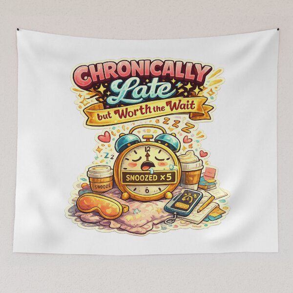 Item preview, Chronically Late but Worth the Wait – Funny Alarm Snooze Illustration designed and sold by StrayaDesign.