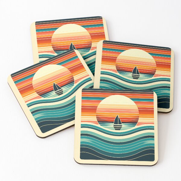 Item preview, Retro Sailboat Sunset with Striped Waves designed and sold by InkSmithery.