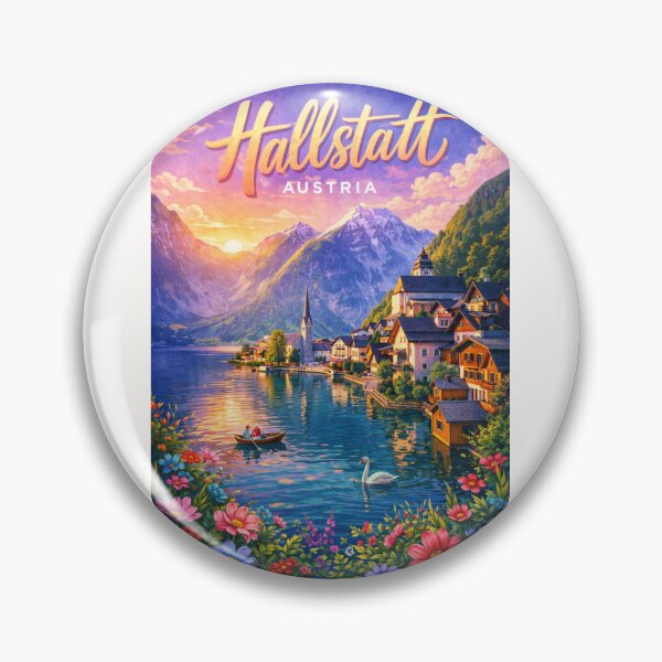 Item preview, Sunset over Hallstatt Austria – Lakeside Alpine Town with Floral Foreground and Mountain Views in Salzkammergut Region designed and sold by Places On Earth.