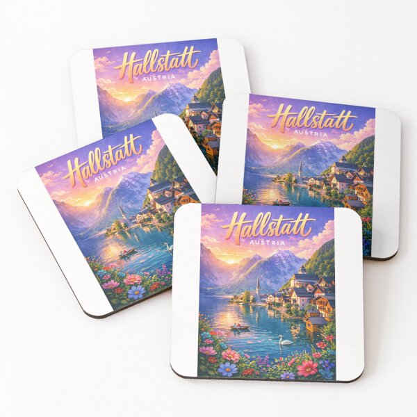 Item preview, Sunset over Hallstatt Austria – Lakeside Alpine Town with Floral Foreground and Mountain Views in Salzkammergut Region designed and sold by Places On Earth.