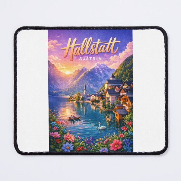 Item preview, Sunset over Hallstatt Austria – Lakeside Alpine Town with Floral Foreground and Mountain Views in Salzkammergut Region designed and sold by Places On Earth.