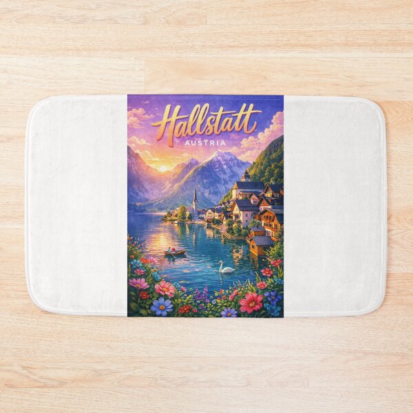 Item preview, Sunset over Hallstatt Austria – Lakeside Alpine Town with Floral Foreground and Mountain Views in Salzkammergut Region designed and sold by Places On Earth.