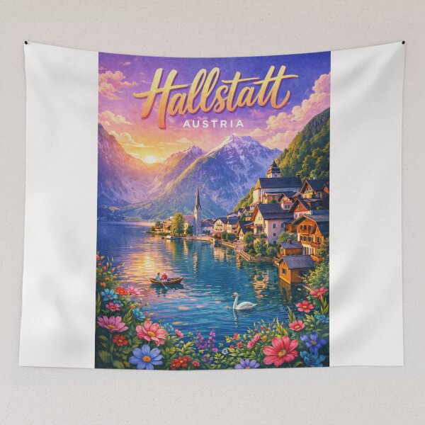 Item preview, Sunset over Hallstatt Austria – Lakeside Alpine Town with Floral Foreground and Mountain Views in Salzkammergut Region designed and sold by Places On Earth.
