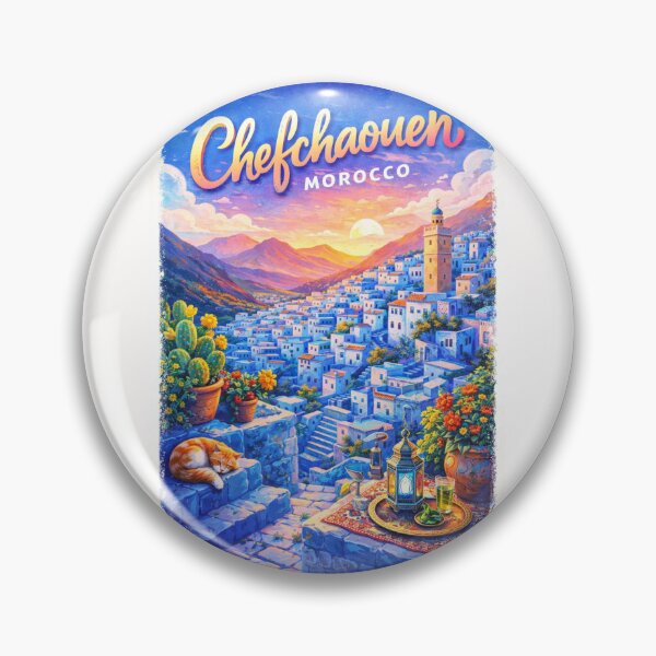 Item preview, Chefchaouen Sunset View – Blue City of Morocco with Lanterns, Rooftops, and Rif Mountain Landscape designed and sold by Places On Earth.