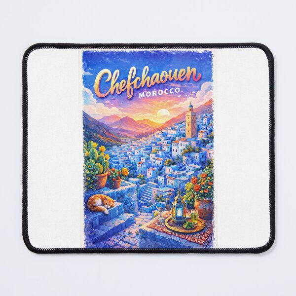 Item preview, Chefchaouen Sunset View – Blue City of Morocco with Lanterns, Rooftops, and Rif Mountain Landscape designed and sold by Places On Earth.