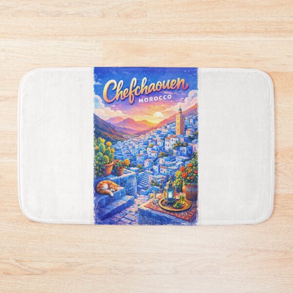 Item preview, Chefchaouen Sunset View – Blue City of Morocco with Lanterns, Rooftops, and Rif Mountain Landscape designed and sold by Places On Earth.