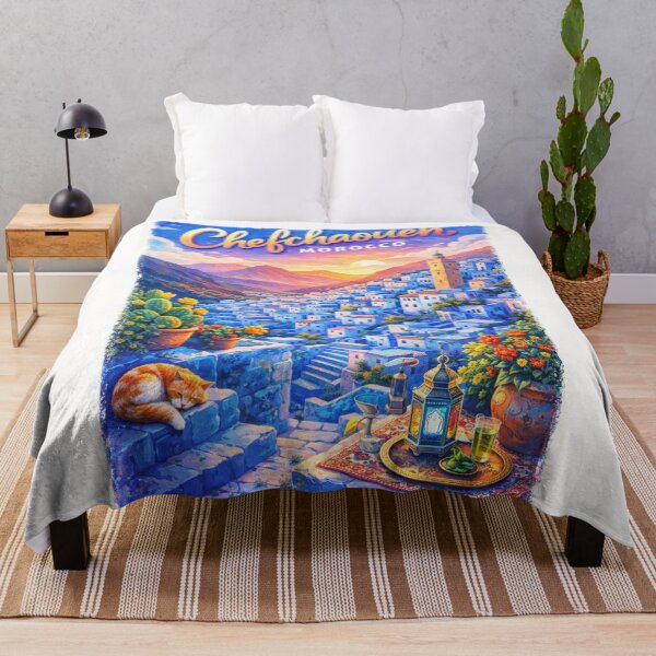 Item preview, Chefchaouen Sunset View – Blue City of Morocco with Lanterns, Rooftops, and Rif Mountain Landscape designed and sold by Places On Earth.