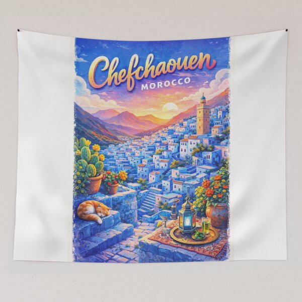 Item preview, Chefchaouen Sunset View – Blue City of Morocco with Lanterns, Rooftops, and Rif Mountain Landscape designed and sold by Places On Earth.