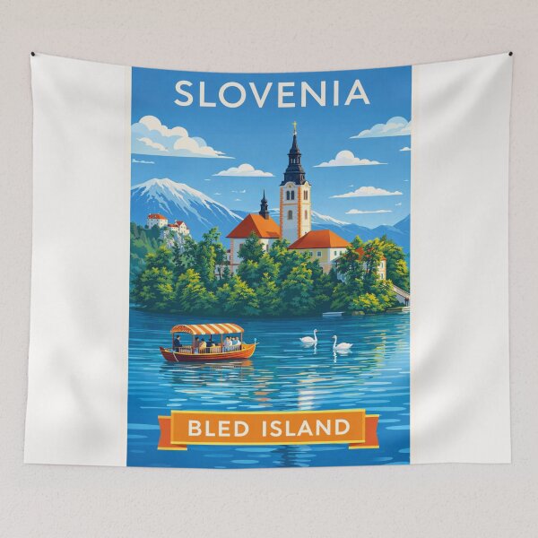 Item preview, Bled Island in Lake Bled, Slovenia – Pilgrimage Church and Pletna Boat with Julian Alps in the Background designed and sold by Places On Earth.
