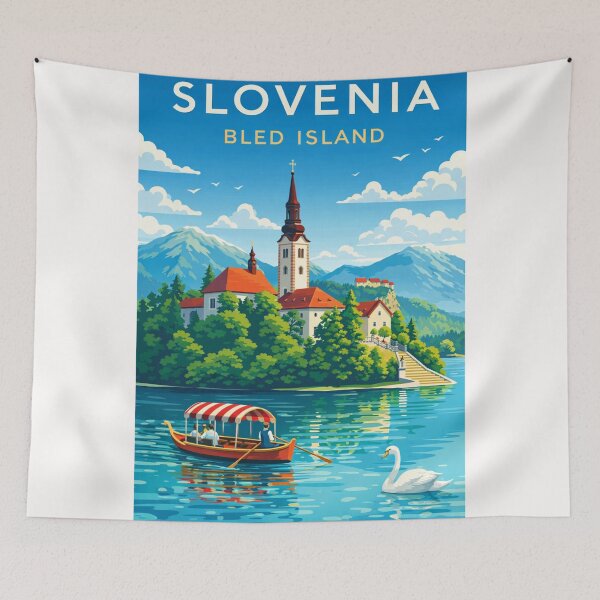 Item preview, Lake Bled and Bled Island – Julian Alps View with Pilgrimage Church and Traditional Boats in Triglav National Park, Slovenia designed and sold by Places On Earth.
