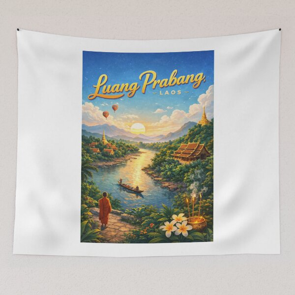 Item preview, Luang Prabang Sunset on the Mekong River – Buddhist Temples and Lao Mountains in Northern Laos designed and sold by Aryabek.