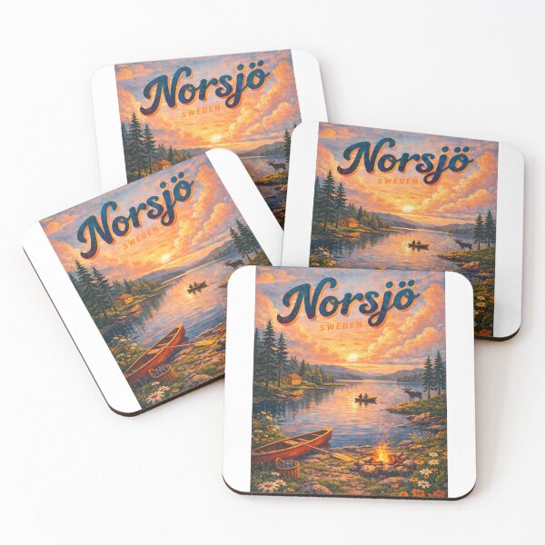 Item preview, Norsjö Sweden – Sunset over Forest Lake with Canoes, Cabin and Campfire in Västerbotten County designed and sold by Aryabek.