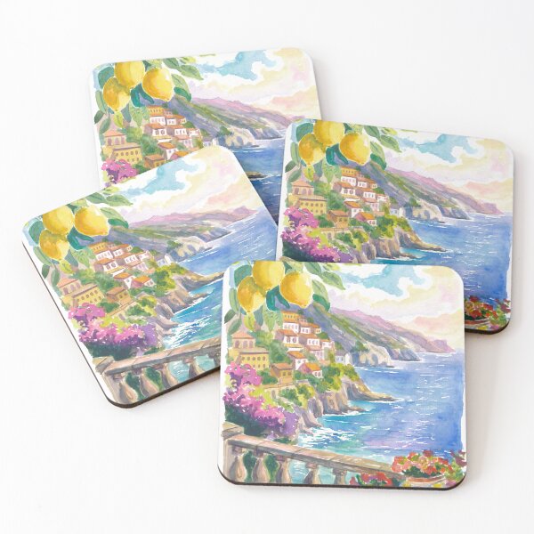 Item preview, Amalfi Coast View Painting with Lemons, Bougainvillea and Mediterranean Sea designed and sold by artshop77.