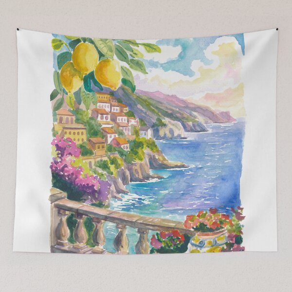 Item preview, Amalfi Coast View Painting with Lemons, Bougainvillea and Mediterranean Sea designed and sold by artshop77.