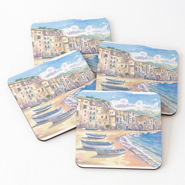Item preview, Cefalù Sicily Coastal Painting with Old Town and Beach View designed and sold by artshop77.