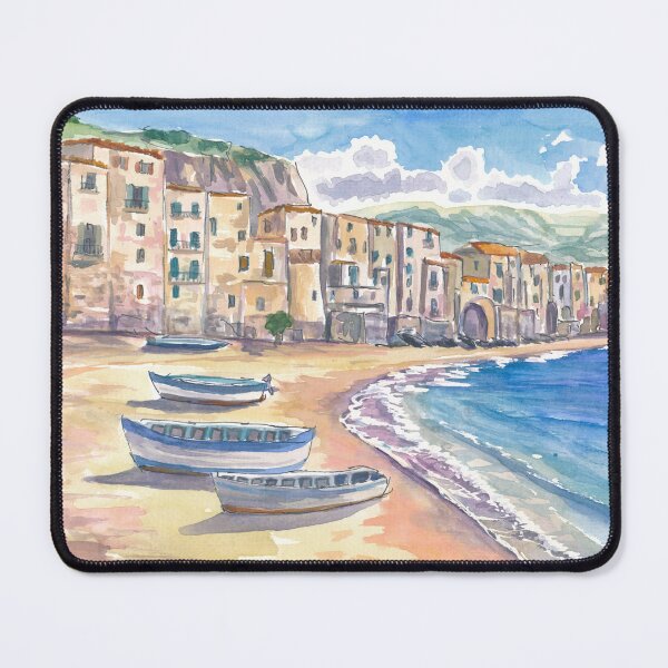 Item preview, Cefalù Sicily Coastal Painting with Old Town and Beach View designed and sold by artshop77.