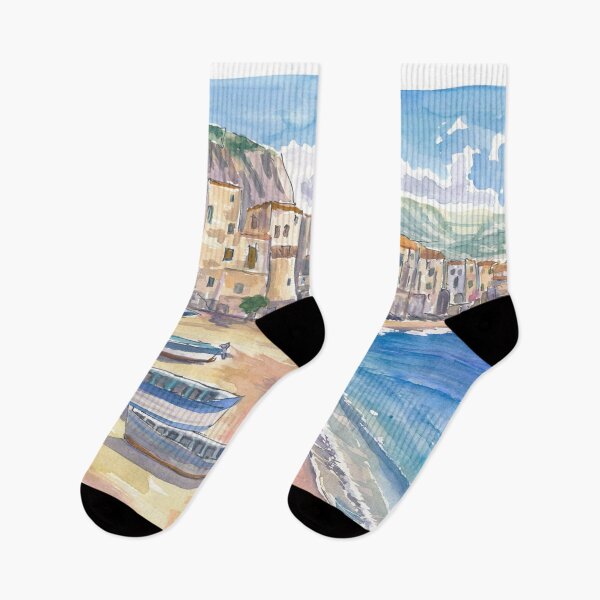 Item preview, Cefalù Sicily Coastal Painting with Old Town and Beach View designed and sold by artshop77.