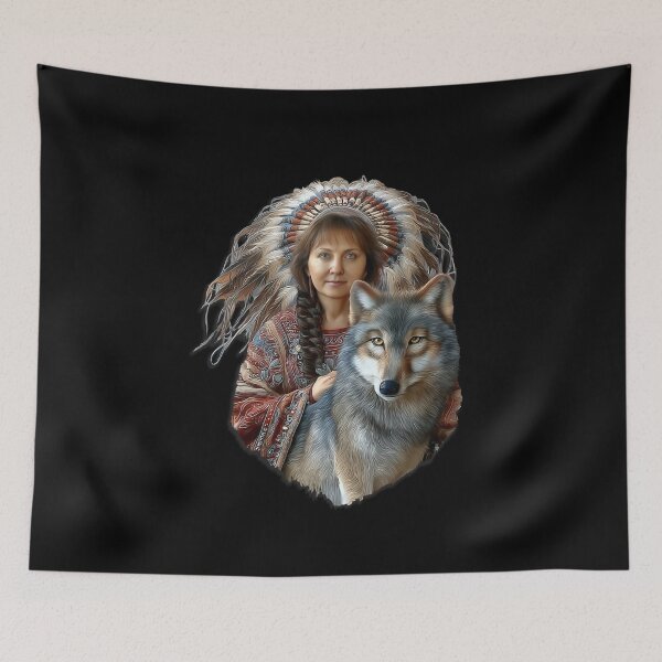 Item preview, Native American Woman With Wolf Spirit Animal Tribal Headdress Art designed and sold by MassonCalepon.