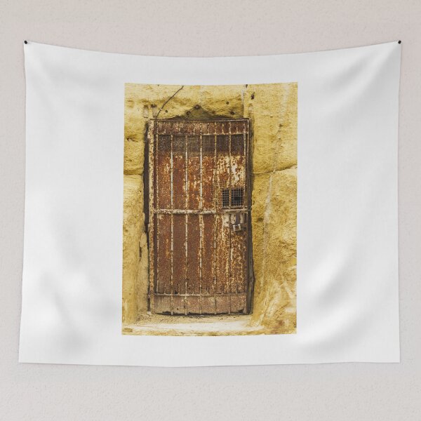 Item preview, Abandoned Doorway In Yellow Wall With Rusted Gate And Debris On The Sidewalk designed and sold by Nmallia.