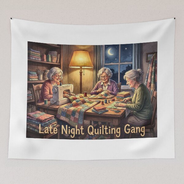 Item preview, Late Night Quilting Gang | Cozy Nighttime Sewing Room designed and sold by Twenty2Creative.