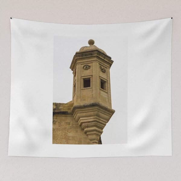 Item preview, Historic Stone Turret With Decorative Eye Carvings On Corner Fortification Tower, Ancient Architectural Facade Detail designed and sold by Nmallia.